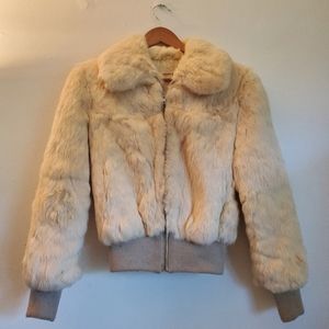 Vintage White/Cream Rabbit Fur Real Bomber Jacket size Small